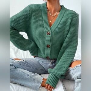 Dark Green Solid Button Front Cardigan | large